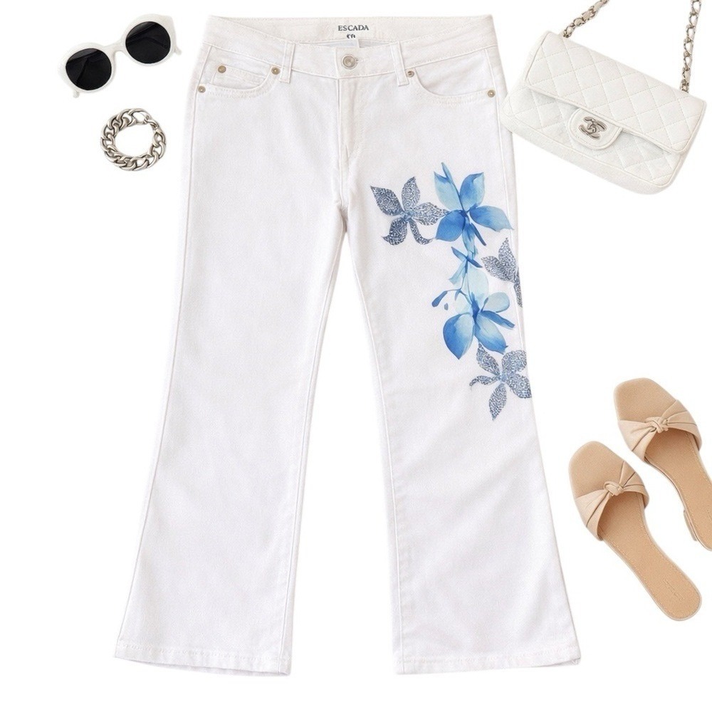 Escada Floral Rhinestone Straight Leg Jeans Size 36 White Italy Luxury Designer